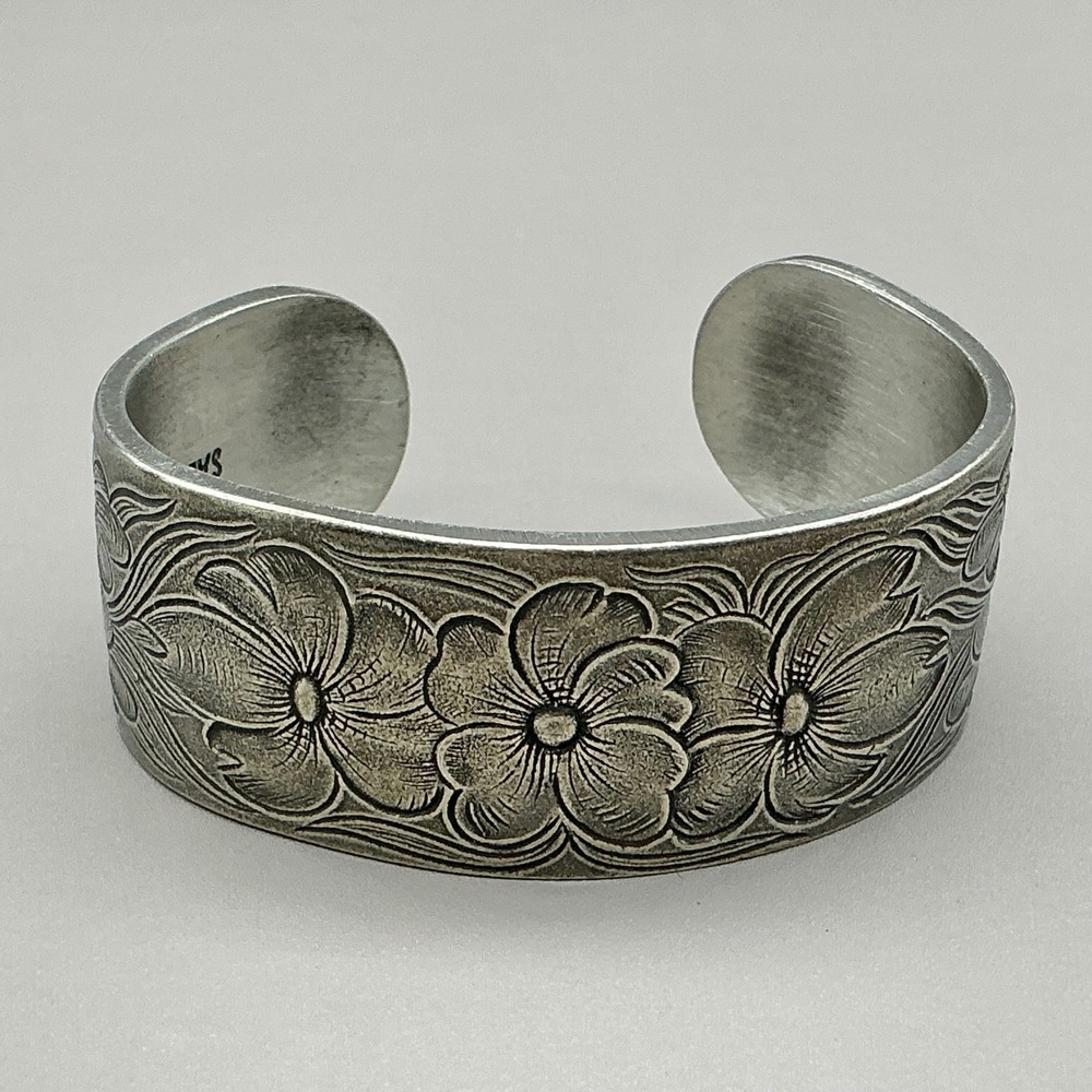 Salisbury Pewter Cuff Bracelet Silver July Birth Month Flower Floral Scroll